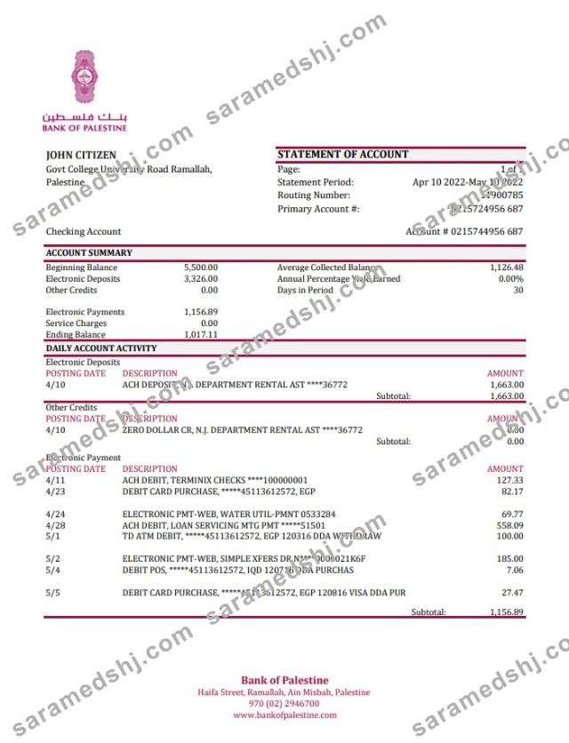 Palestine Bank of Palestine bank statement xls
